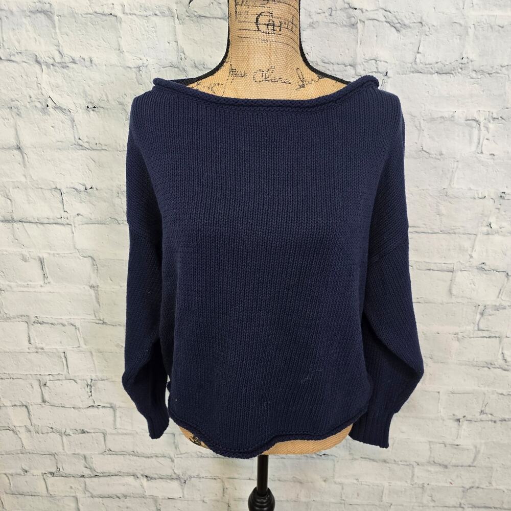 Wild Fable Navy Blue Boat Neck Knit Sweater top Sz L long sleeve A10